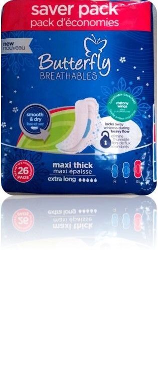 Butterfly Breathables Maxi Thick Sanitary Pads Extra Long Trio Pack 26 Piece Pack