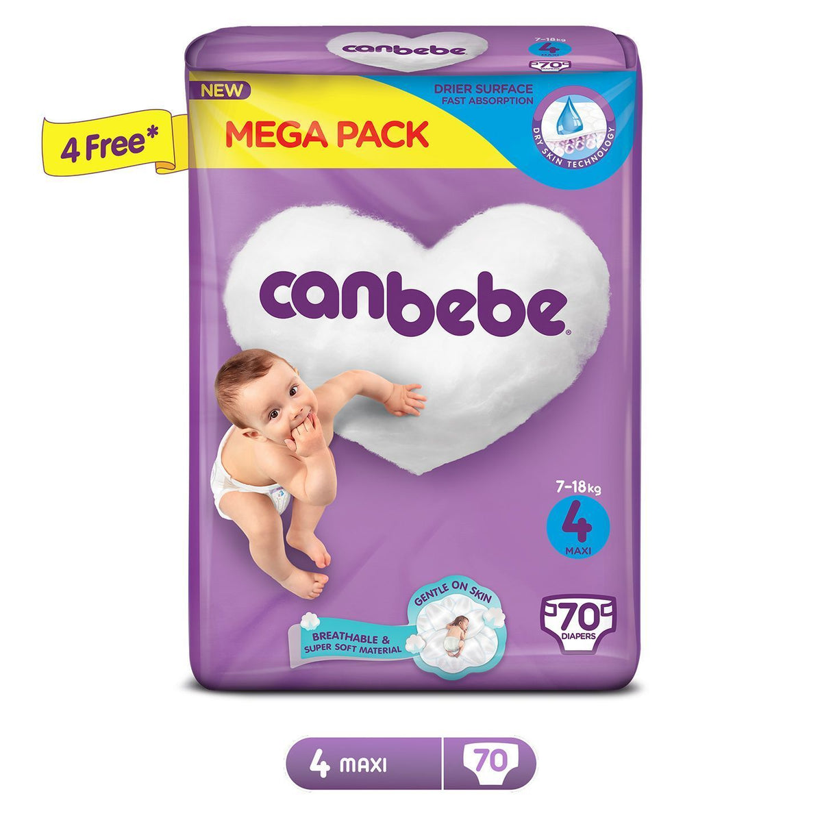 Canbebe Baby Diapers Maxi Size 4 (7 - 18Kg) 70 Piece Pack