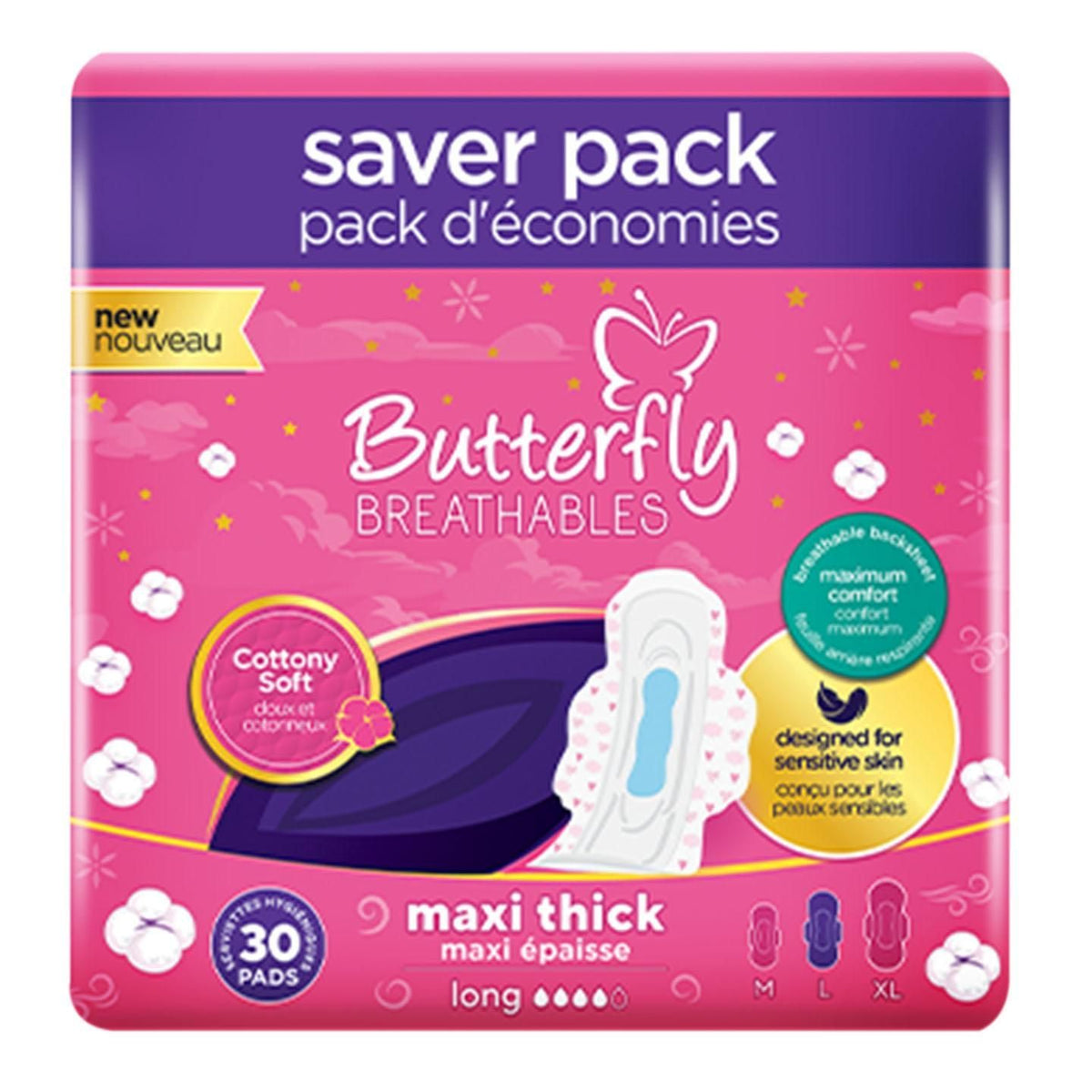Butterfly Maxi Thick Cottony Trio Long Pads 30 Piece Pack